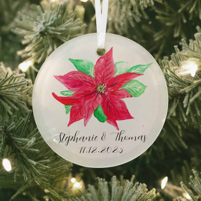 Poinsettia Red Floral Christmas Flower Wedding Glass Ornament (Insitu)