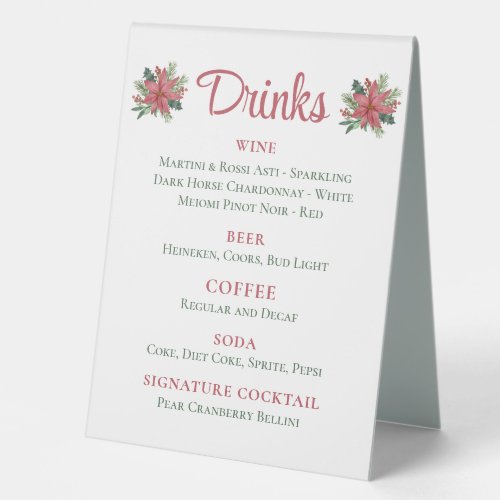 Poinsettia Red Floral Christmas Wedding Drinks Table Tent Sign