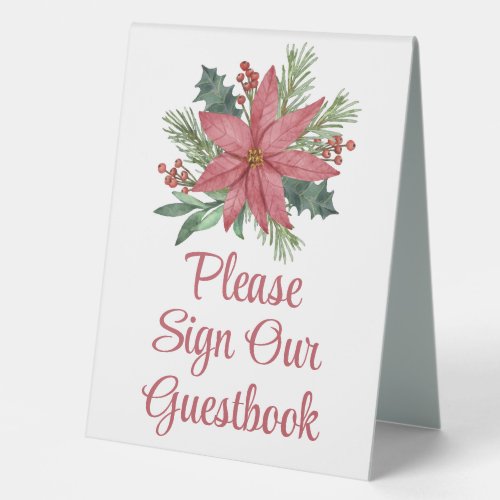 Poinsettia Red Floral Christmas Wedding Guestbook  Table Tent Sign