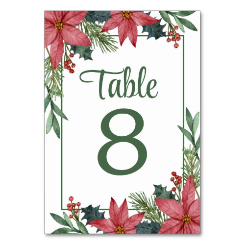 Poinsettia Red Floral Christmas Wedding  Table Number