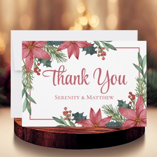 Poinsettia Red Floral Christmas Wedding Thank You Card