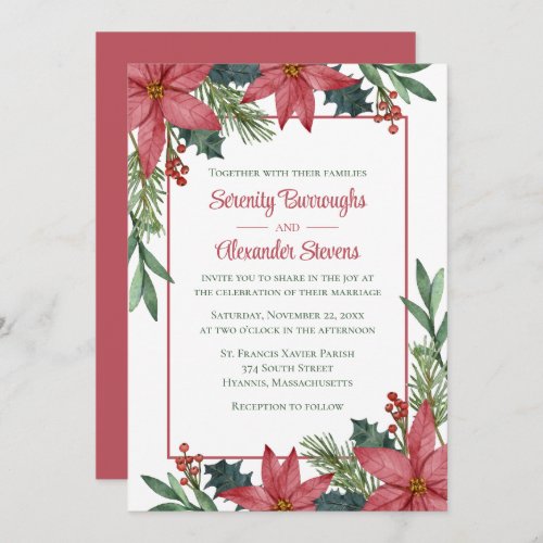 Poinsettia Red Floral Elegant Christmas Wedding Invitation