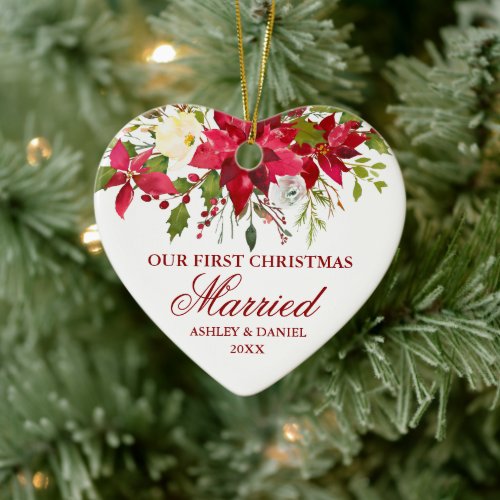 Poinsettia Red Floral First Christmas Married Ceramic Ornament