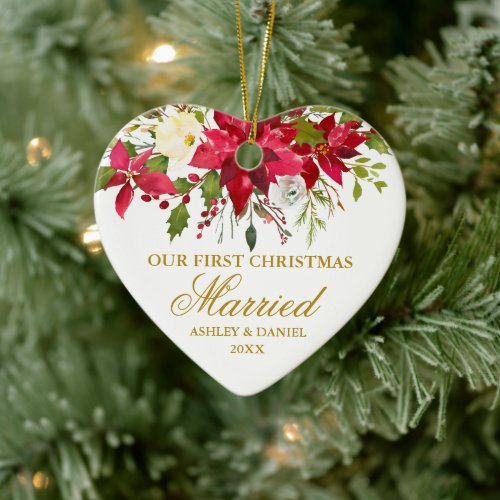 Poinsettia Red Floral Gold First Christmas Married Ceramic Ornament