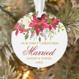 Poinsettia Red Floral Gold First Christmas Married Ornament