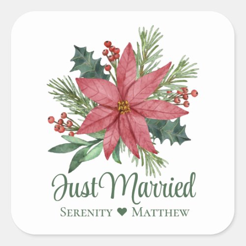Poinsettia Red Floral Winter Just Married Wedding Square Sticker