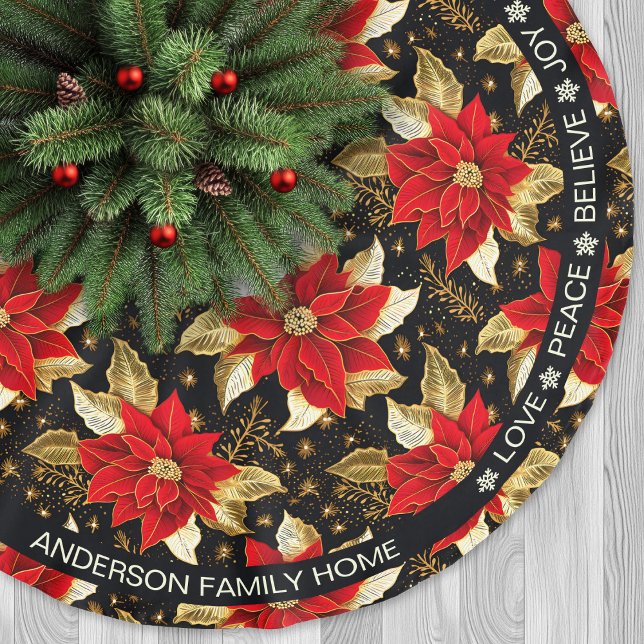 Poinsettia Red Flowers Positive Words Christmas Brushed Polyester Tree Skirt (Poinsettia Red Flowers Positive Words Christmas Brushed Polyester Tree Skirt)