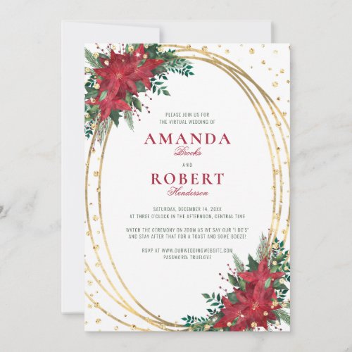 Poinsettia Red Gold Christmas Virtual Wedding Invitation