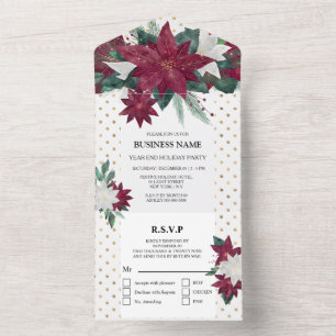 Poinsettia red gold white holiday party editable  all in one invitation