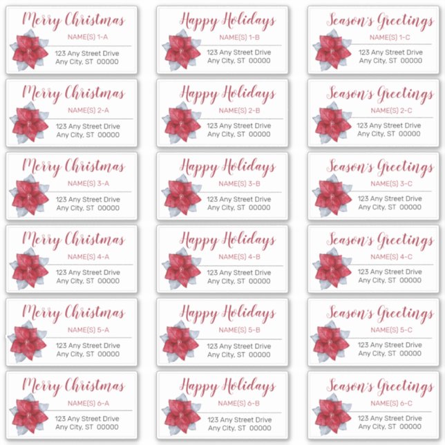 Poinsettia Red | Gray Christmas Address Labels (Front)