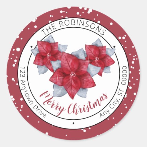 Poinsettia Red  Gray Merry Christmas Family Classic Round Sticker