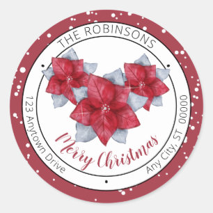 Poinsettia Red Gray Merry Christmas Family Classic Round Sticker