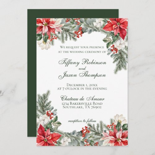 Poinsettia Red Green and White Green Text Wedding Invitation