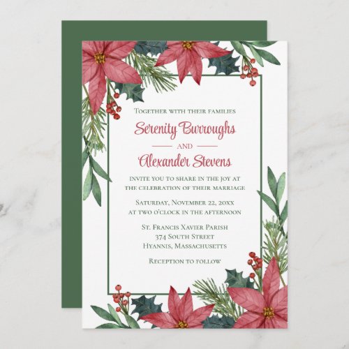 Poinsettia Red Green Floral Christmas Wedding  Invitation