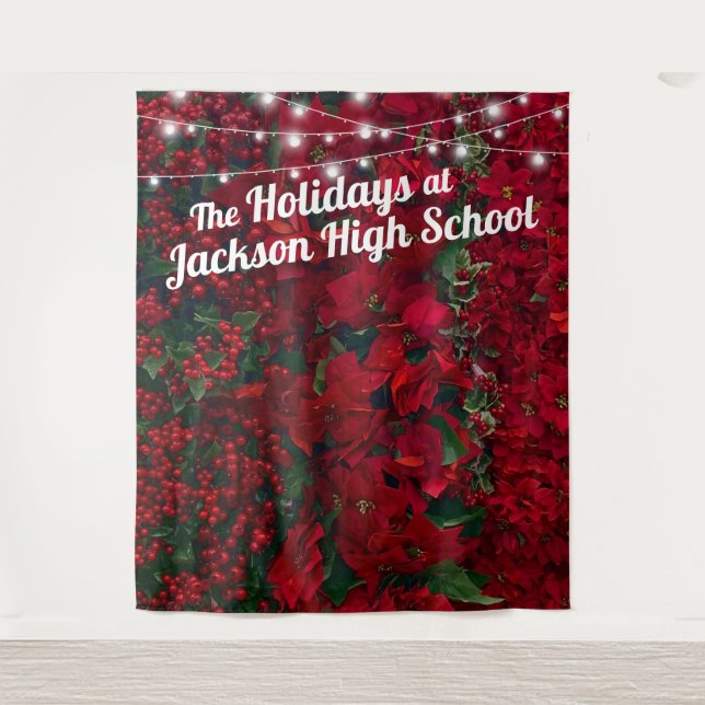 Poinsettia Red Green Leaves Holiday Photo Backdrop (Front)