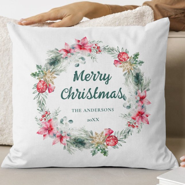 Poinsettia Red Green White Wreath Christmas Poetry Throw Pillow (Creator Uploaded)