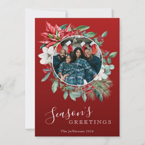 Poinsettia Red Photo Seasons Greetings Christmas Holiday Card