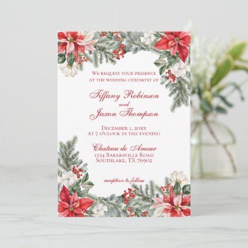 Poinsettia Red White and Green Christmas Wedding Invitation