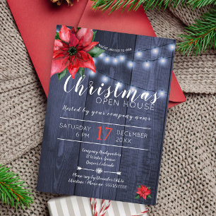 Poinsettia red white lights Christmas open house Invitation