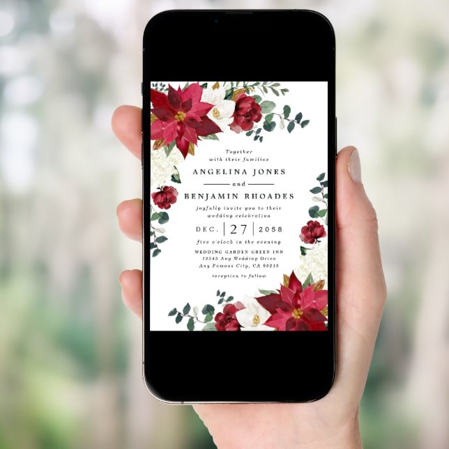 Poinsettia Red Winter Rustic Christmas Wedding Invitation (Front Digital)