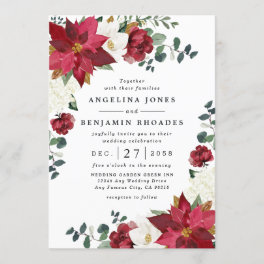 Poinsettia Red Winter Rustic Christmas Wedding Invitation