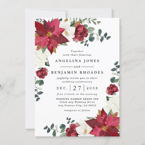 Poinsettia Red Winter Rustic Christmas Wedding Invitation