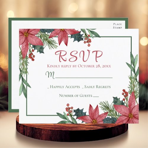 Poinsettia Red Winter Wedding Christmas RSVP Postcard