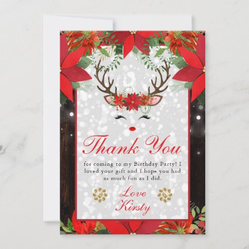 Poinsettia Reindeer Christmas Birthday Party Thank You Card