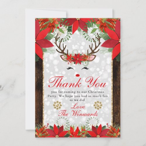 Poinsettia  Reindeer Face Christmas Party Thank You Card