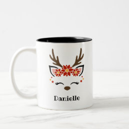 Poinsettia Reindeer Face Personalized Name Holiday Two-Tone Coffee Mug