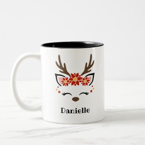 Poinsettia Reindeer Face Personalized Name Holiday Two_Tone Coffee Mug