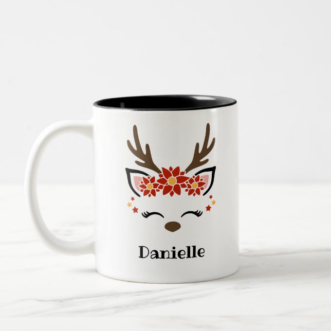 Poinsettia Reindeer Face Personalized Name Holiday Two-Tone Coffee Mug (Left)