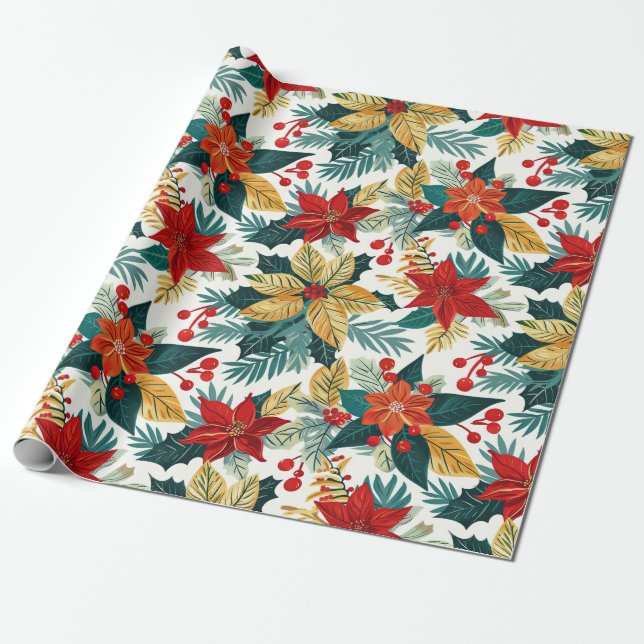 Poinsettia Retro Festive Christmas Wrapping Paper  (Unrolled)