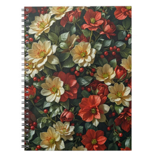 Poinsettia, retro red and green flowers notebook