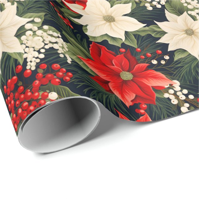 Poinsettia Rich Reds & Cream Pretty Christmas Roll Wrapping Paper (Roll Corner)