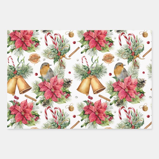 Poinsettia, robin, bells, candles, red berry wrapping paper sheets (Front)