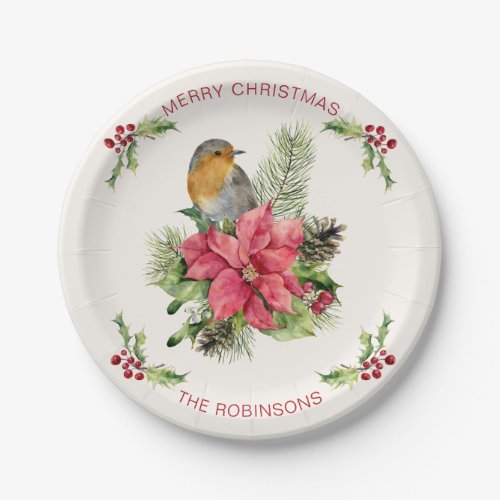 Poinsettia robin holly pine cone Christmas Paper Plates