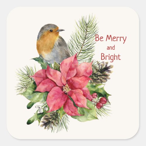 Poinsettia robin holly pine cone Christmas Square Sticker