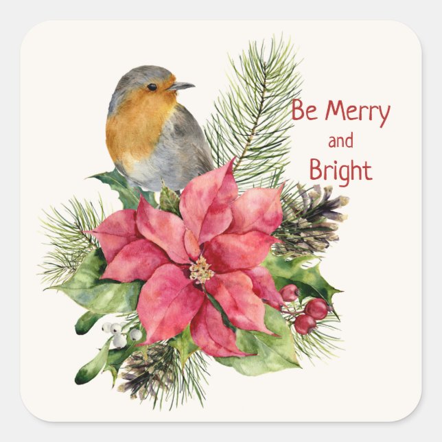 Poinsettia, robin, holly, pine, cone Christmas Square Sticker (Front)
