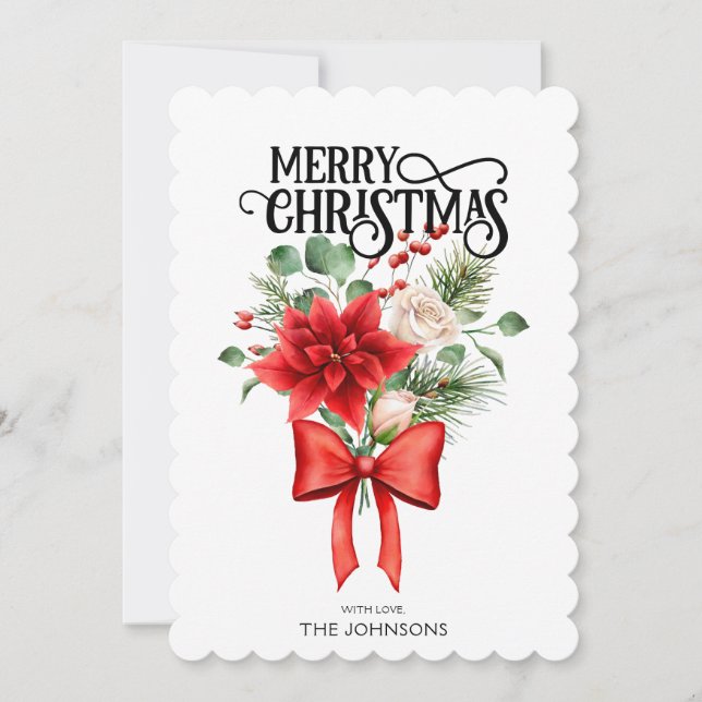 Poinsettia Roses Christmas Flower Bouquet Holiday Card (Front)