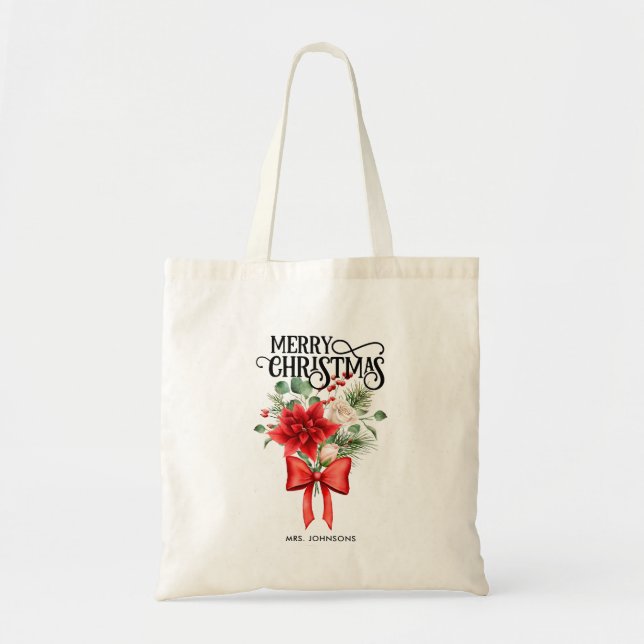 Poinsettia Roses Christmas Flower Bouquet Tote Bag (Front)