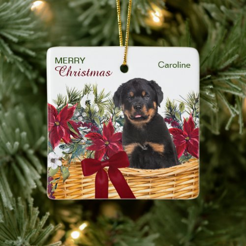 Poinsettia Rottweiler Puppy Christmas Basket Ceramic Ornament