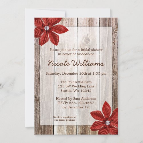 Poinsettia Rustic Barn Wood Bridal Shower Invitation