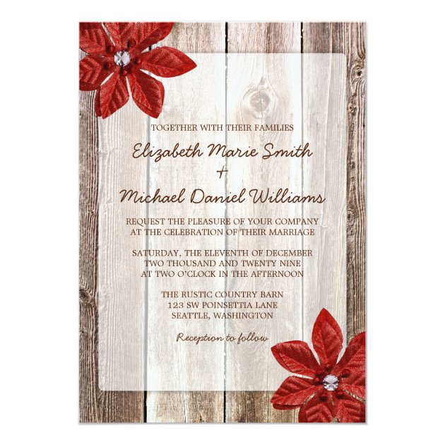 Poinsettia Rustic Barn Wood Wedding Invitations