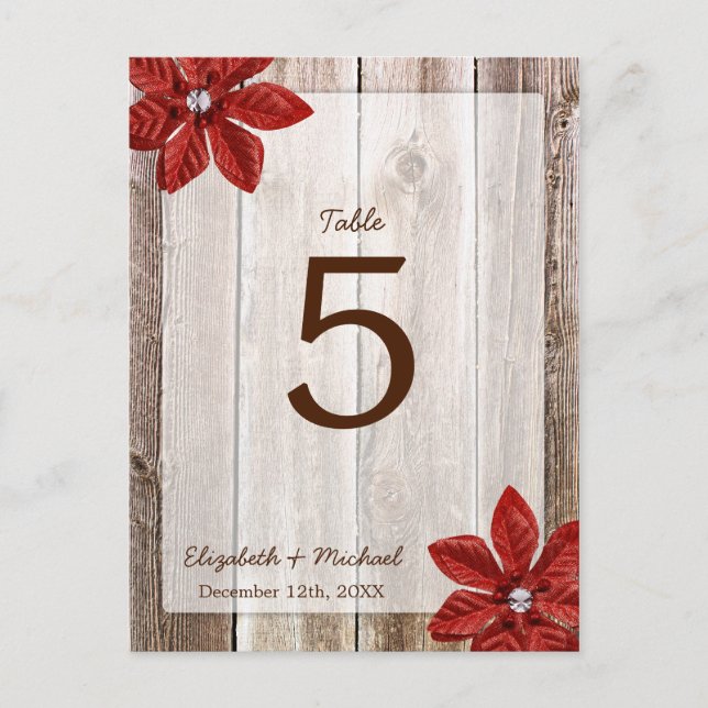 Poinsettia Rustic Barn Wood Wedding Table Number (Front)