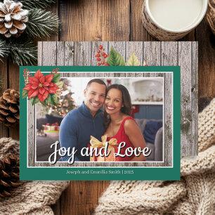 Poinsettia Rustic Wood Green Family Photo Holiday Card