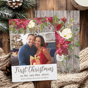 Poinsettia Rustic Wood Photo 1st Christmas Mr. Mrs Holiday Card