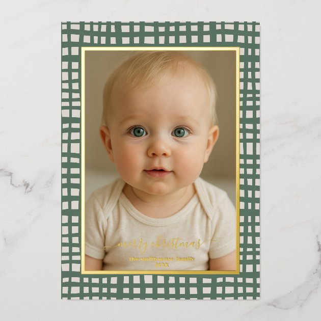 Poinsettia Sage Green Ivory Christmas Photo real Foil Invitation