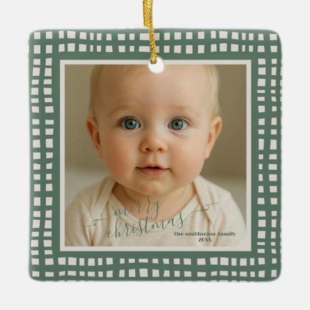 Poinsettia Sage Green Ivory Christmas two Photo Ceramic Ornament