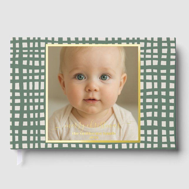 Poinsettia Sage Green Merry Christmas Photo real Foil Guest Book (Front)